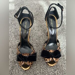 Sergio Rossi Leopard Print Peep-Toe Heels with Black Velvet Bow